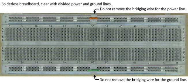 Solderless breadboard, clear with divided power and ground lines